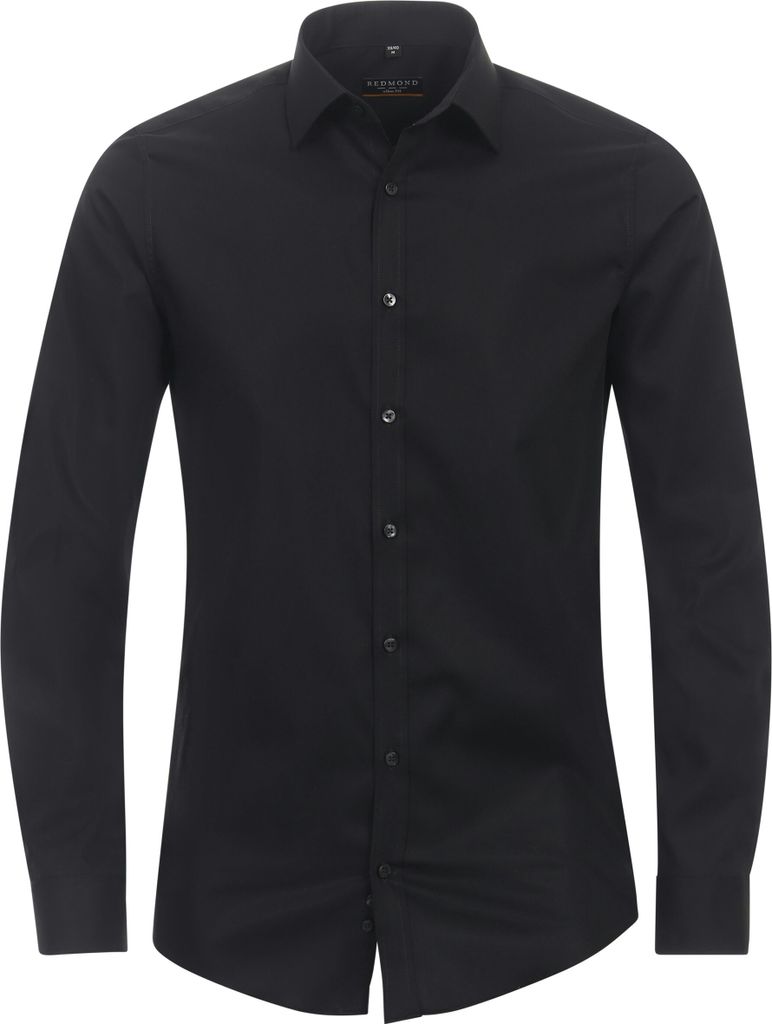 REDMOND Herren Businesshemd Langarm Kent Slim-Fit Popeline Schwarz XS