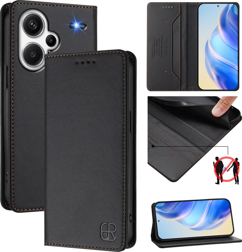 Lederhülle für Xiaomi Redmi Note 13 Pro+ Hülle Flip Brieftasche Kartenfächern Ständer Schutzhülle Schwarz