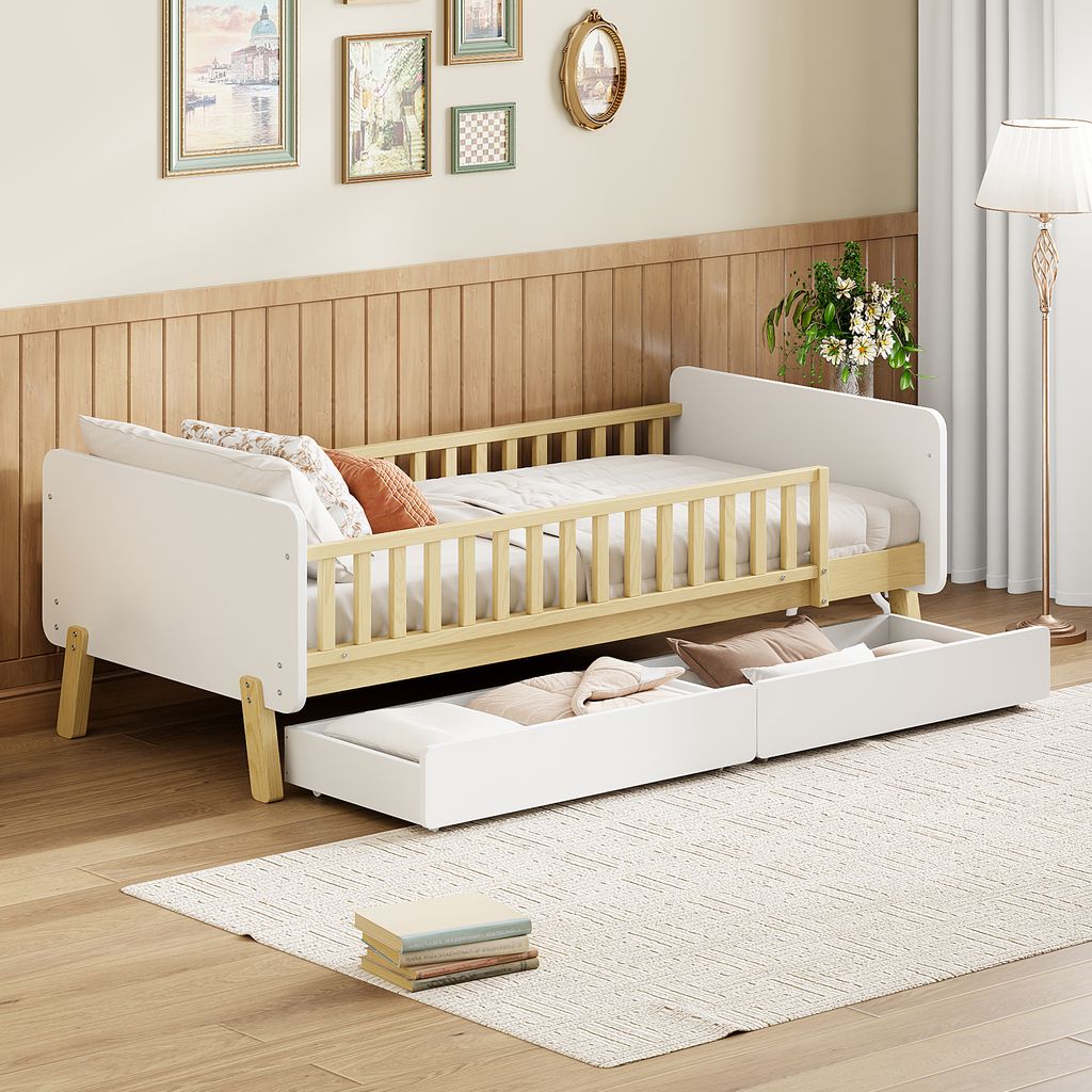 Flieks Kinderbett 90x190cm mit 2 Schubladen, Kinderbett mit Rausfallschutz und Lattenrost, Holzbett Einzelbett Klassisches Bett, Weiß
