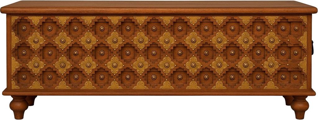 Marrakesch Orientalische Truhe Febin 143cm aus massivem Mango-Holz mit handgeschnitzten Ornamenten und Messing | Vintage Sitzbank mit Stauraum | Bo...
