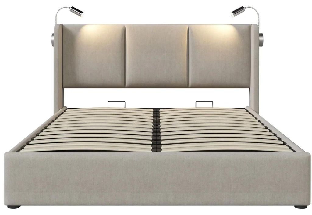 Polsterbett mit großem Stauraum - Doppelbett 160x200 cm - 2 Leselampen & USB-Ladeanschluss - Holzrahmen - Leinenstoff Beige