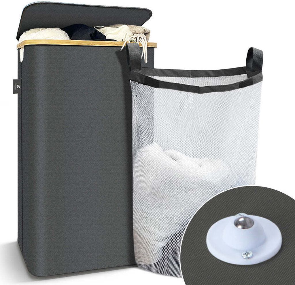 VOUNOT Wäschekorb mit Deckel & Wäschesäcke 100L Faltbarer Wäschesammler, Grau