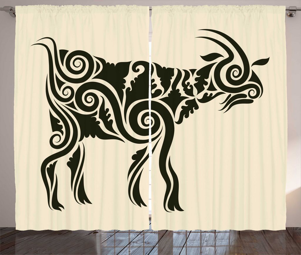 ABAKUHAUS Ziege Rustikaler Gardine, Tribal Waves Kurven Tattoo, Schlafzimmer Kräuselband Vorhang mit Schlaufen und Haken, 280 x 225 cm, Beige und ...