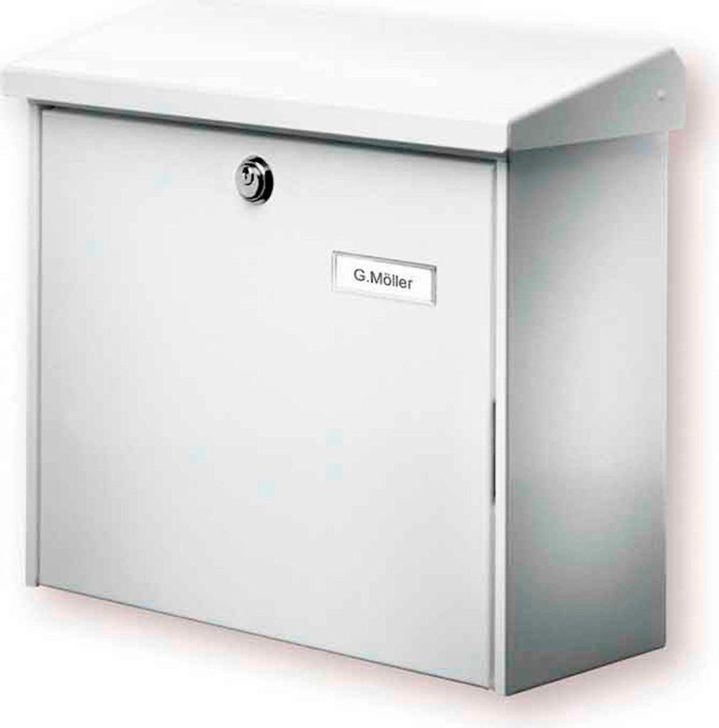 Extra tiefer Briefkasten Comfort aus verzinkem Edelstahl | 19,1 Liter, HxBxT 34x38x14,8cm | Einwurföffnung 33,2x3,2cm | Weiß