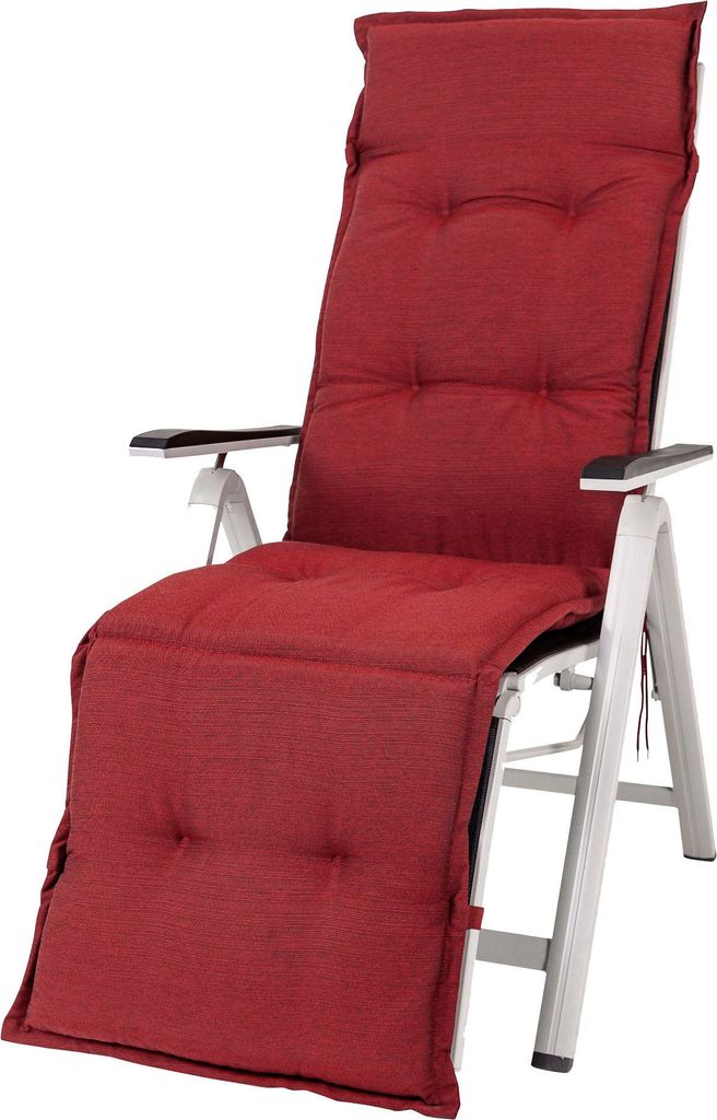 A red cushion for a reclining chair is shown against a white background.