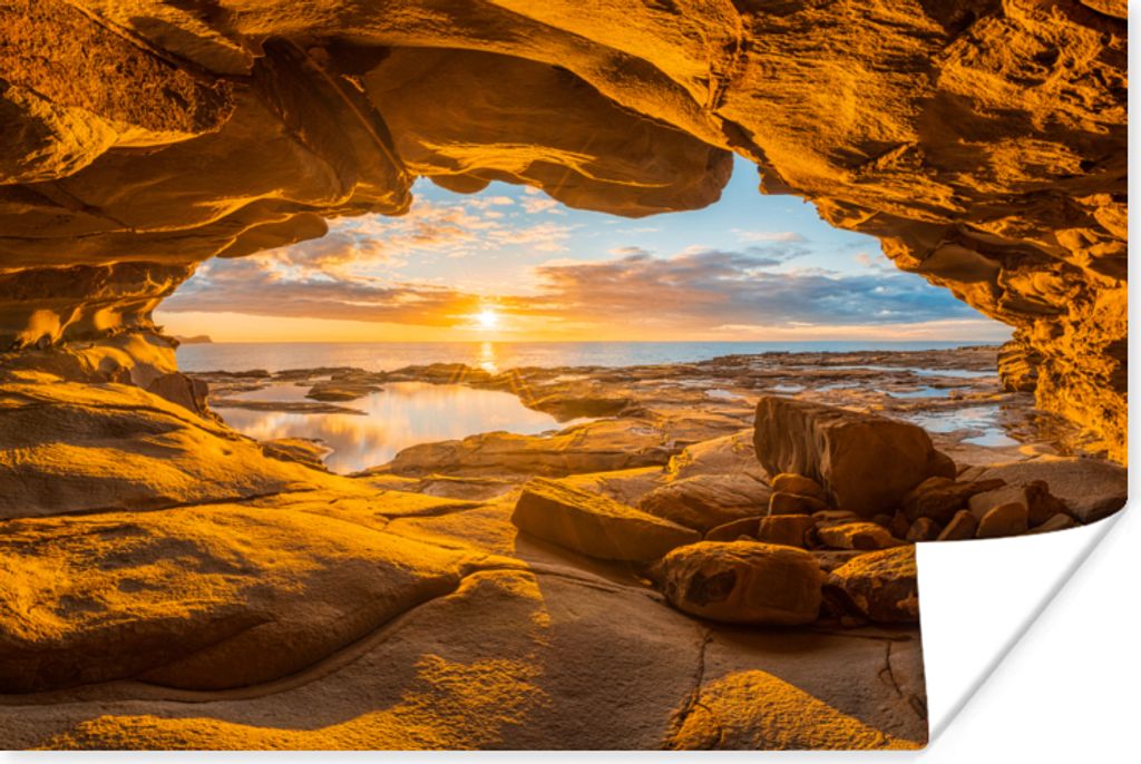MuchoWow Poster Höhle - Meer - Horizont - Sonnenuntergang 120x80 cm - Bilder