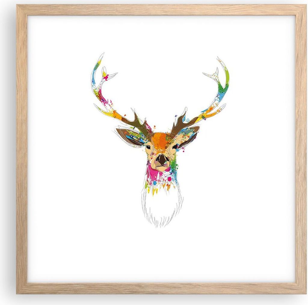 Gerahmtes Poster - Rahmen in heller Eiche - Deer fantasie Graffiti Grafik - 40x40 cm - Wand Bild - Wanddeko - Wandbilder - Wandposter - Bilderrahme...