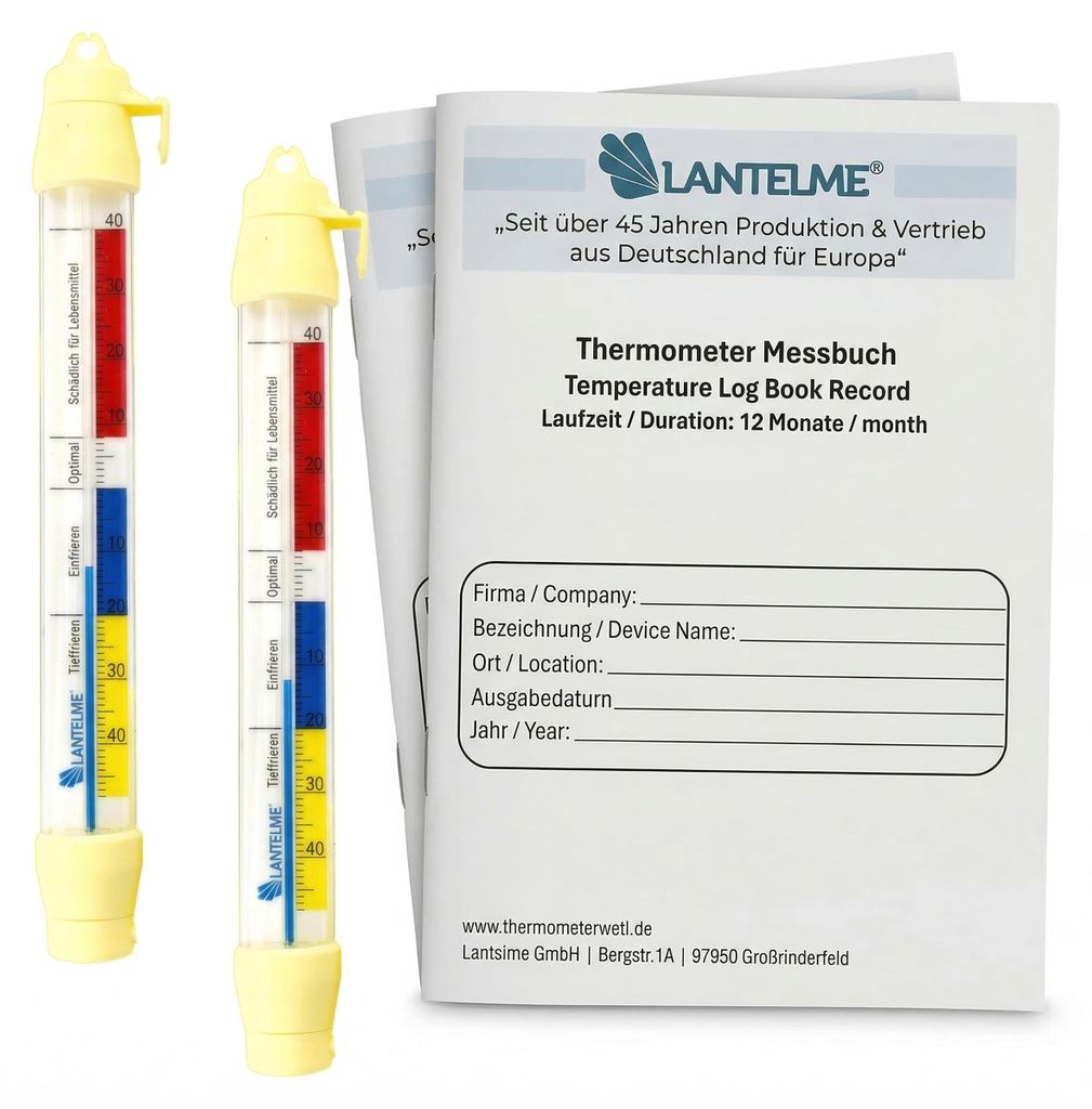 Kühlschrankthermometer 21cm je 2 Stück Set mit Temperatur Protokollheft Thermometer und Messheft Messwerte 3 täglich über 12 Monate für Dokume...