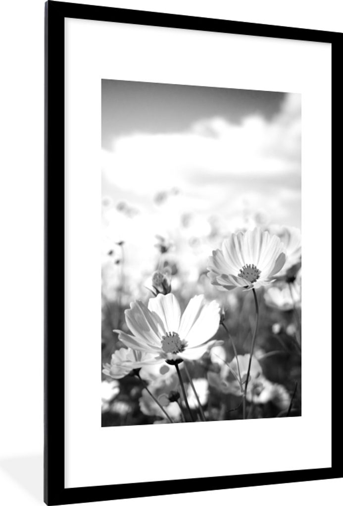 MuchoWow Gerahmtes Poster Blumen - Wiese - Lila - Gras - Weiß - Wolken - Blau 60x90 cm - Poster mit Schwarzem Bilderrahmen Wandposter Rahmen Fot...