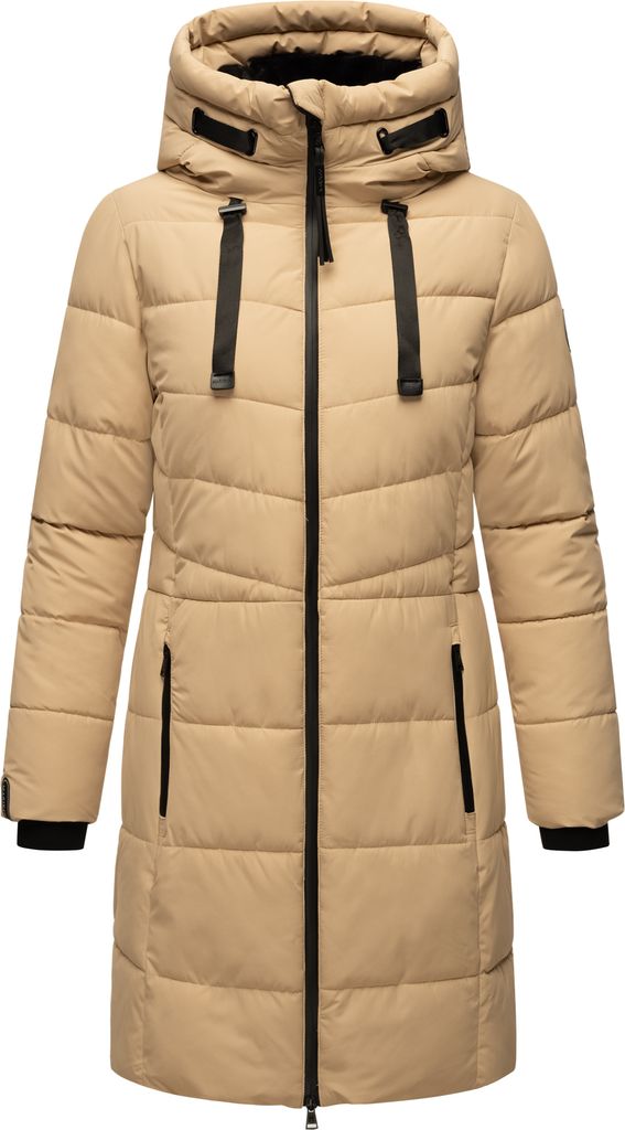 Marikoo Damen Winter Steppjacke Vegan Teddyfell gefüttert Steppmantel Jacke lang warm Mantel Parker Kragen mit Tunnelzug am Kapuze Natsukoo XVI Be...