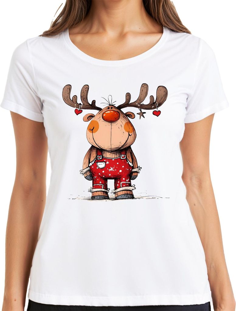 Niedliches Rentier Weihnachten rote Latzhose Herzen Geweih Kinder Damen T-Shirt, Weiß, 3XL