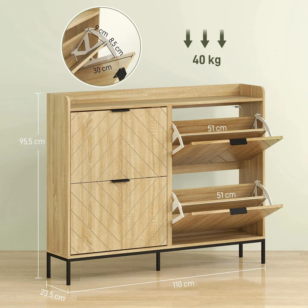 Armoire à chaussures étroite en chêne avec 4 compartiments rabattables - 3