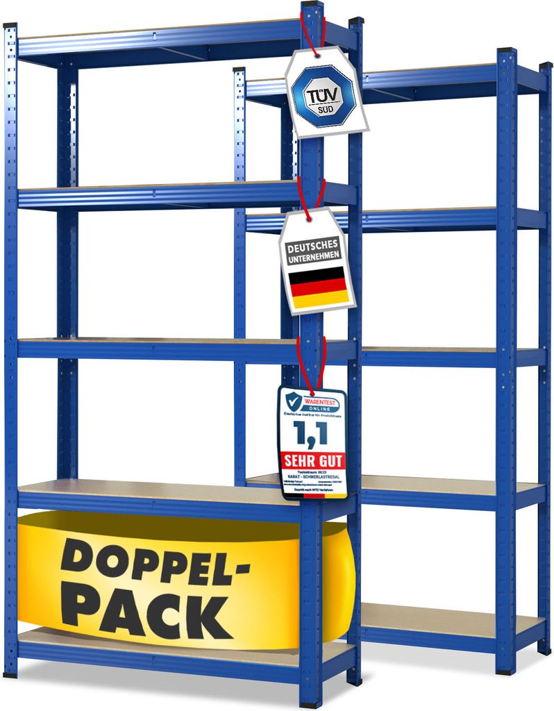 Two blue metal shelving units are shown side-by-side against a white background. The unit on the left has a large yellow 'DOPPEL-PACK' banner on the bottom shelf. Several tags with certifications and German text are hanging from the front post of the left 