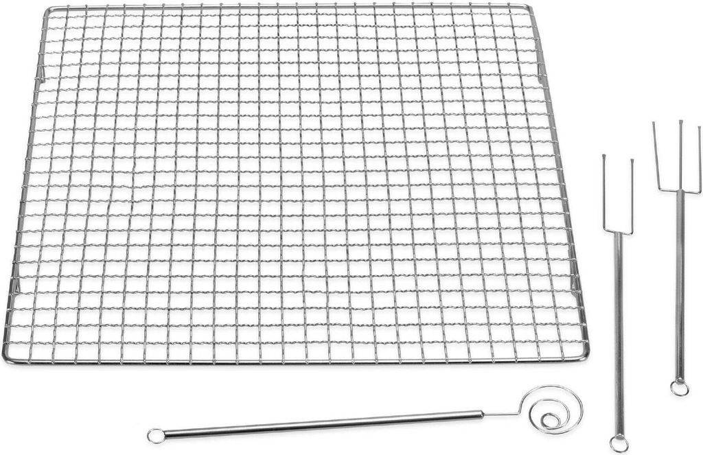 A set of stainless steel kitchen tools, including a cooling rack and two whisks, laid out on a white background.