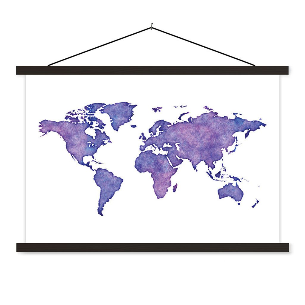 MuchoWow Textilposter Weltkarte - Aquarell - Violett 120x80 cm mit schwarzem Rahmen - Wanddeko