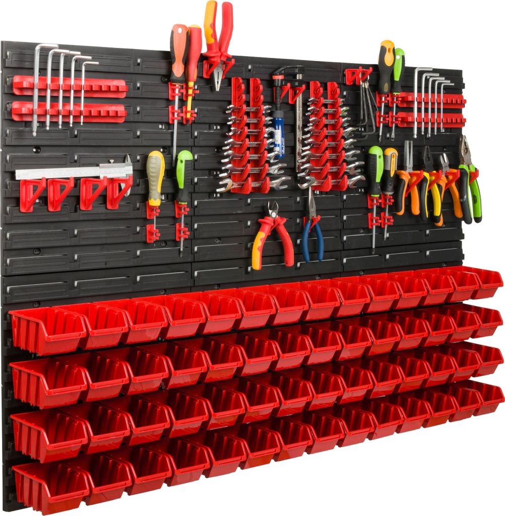 Lagersystem Werkstattregal | 117 x 78 cm | 56 stck. Box | Wandregal mit Werkzeughalterungen und Stapelboxen - Wandplatten Extra Starke Schüttenreg...