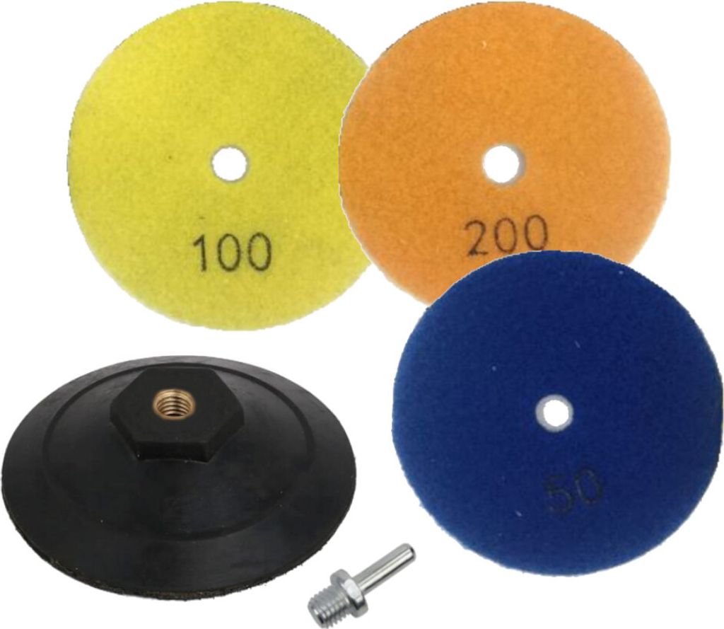 Trade-Shop 5in1 SET: 100mm Diamant Polierscheibe (3 Stück) + Stützteller mit M14 Adapter für Naturstein, Beton, Granit, Keramik, Marmor - NASS-T...