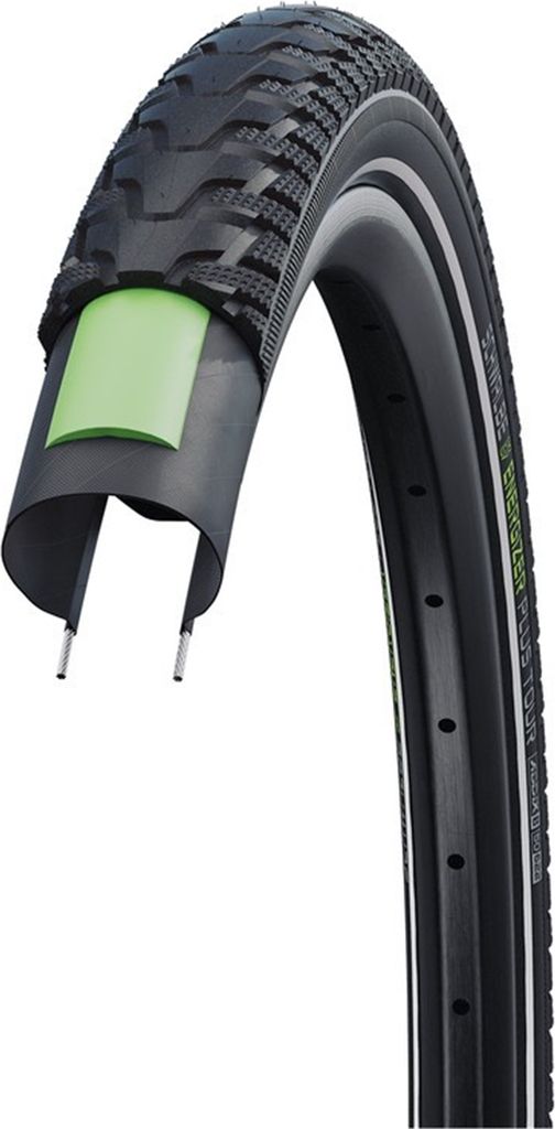 A close-up, cutaway view of a bicycle tire and rim, showing the internal structure and tread pattern.
