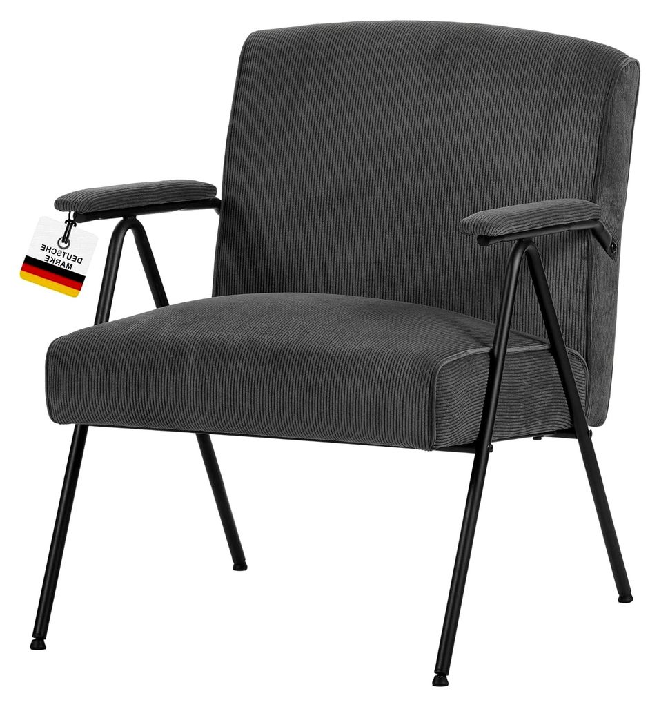 Designer Vintage Sessel Stanford, Mid-Century Modern, hochwertiger Cordstoffbezug in Grau, bequemer Federkern, Relaxsessel für Wohnzimmer und Schl...