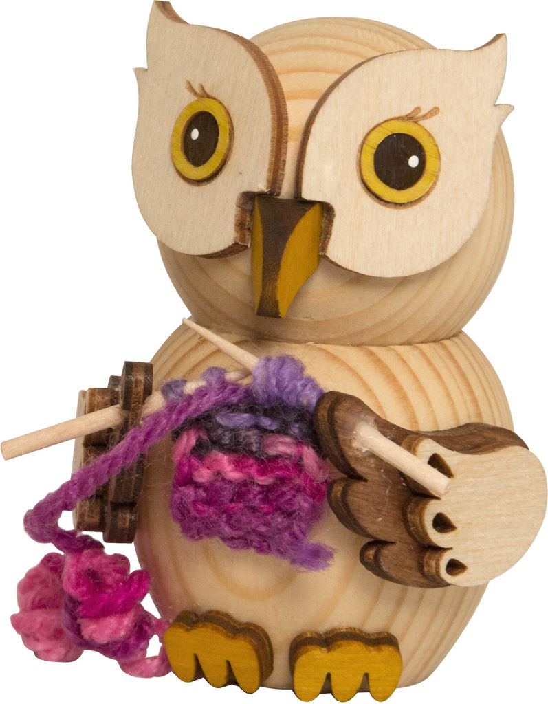 Drechslerei Kuhnert - Mini-Eulen aus Holz - mit Strickzeug - ca. 7 cm groß - als Dekoration oder Geschenk geeignet