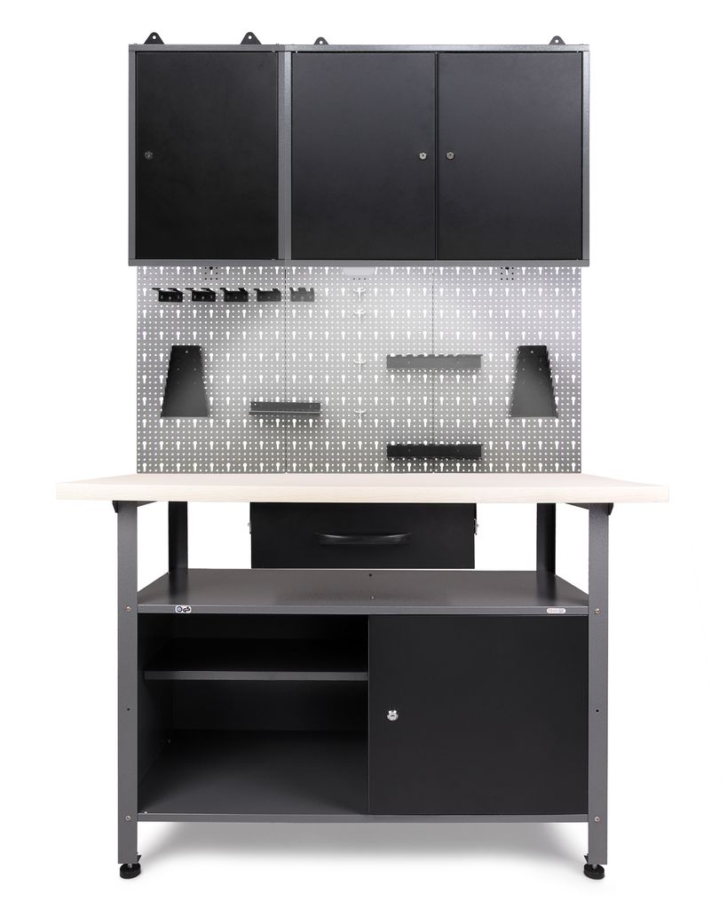 Ondis24 Metall Werkstatt Set 120 cm "Klaus" Werkbank + 2 Schränke LED Arbeitshöhe 85 cm abschließbar höhenverstellbare Füße Arbeitsplatte Hol...