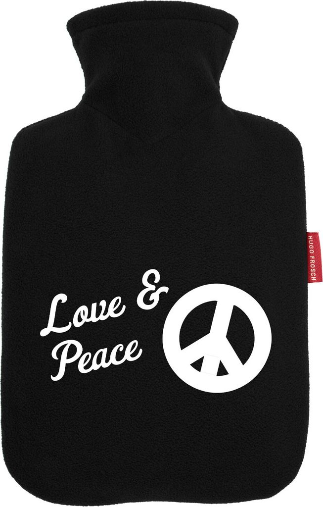 Huuraa Wärmflasche Love & Peace 1,8 Liter Black Classic Veloursbezug Bettflasche Geschenkidee