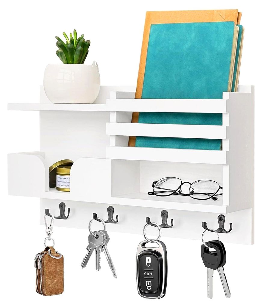 Wand-Schlüsselbrett mit Ablage aus Holz für die Aufbewahrung von Schlüsseln im Wohnzimmer, Küche, Büro, Flur und Schlafzimmer in Weiß für Ta...