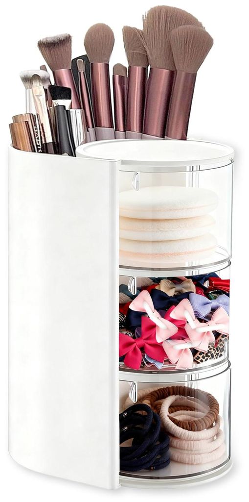 Drehbarer Make-up-Organizer, 3-stöckiger Kosmetik-Organizer, Halter für Make-up-Pinsel, transparenter Stauraum für Haaraccessoires wie Schmuck, ...
