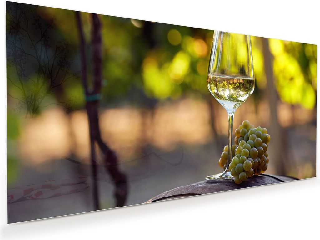 Glasbild Wandbild Glas Weisswein auf Barrel 120x60cm in XXL für Wohnzimmer, Schlafzimmer, Badezimmer, Flur