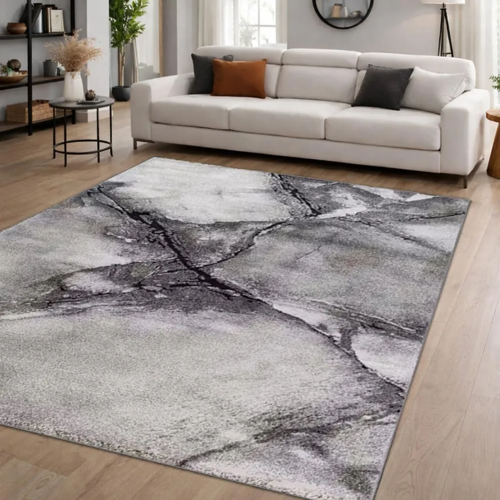 Tapis de Salon Moderne Aspect Pierre Grise et Crème Doux 120x170 cm