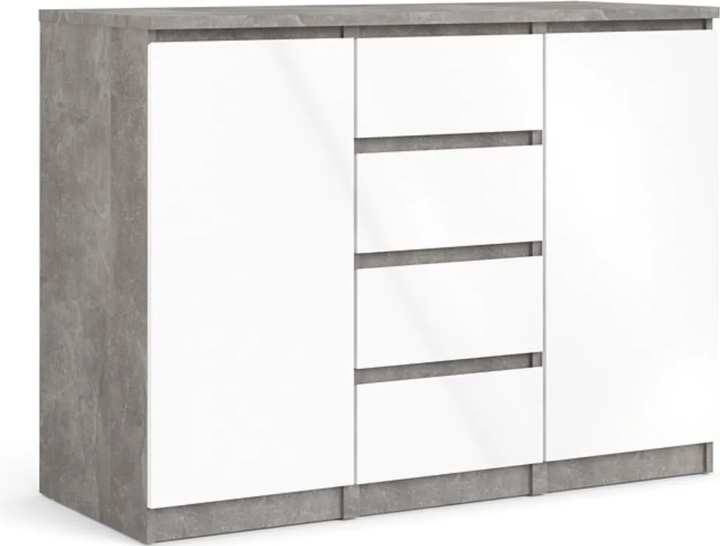 Buffet bas Nada avec 2 portes et 4 tiroirs en blanc brillant et béton