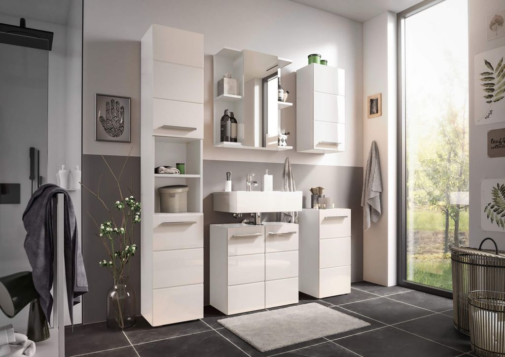 Badezimmer Badmöbel -Set VAIL Weiß Hochglanz Hochschrank Spiegelschrank Wbu Hängeschrank Kommode Set 1