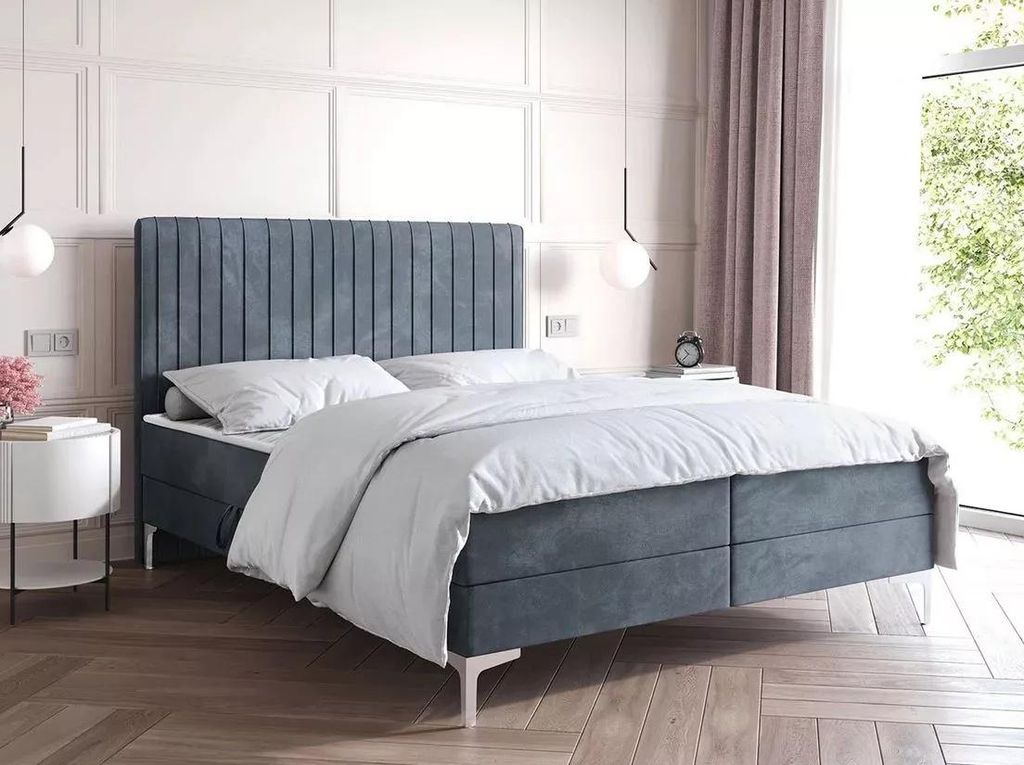 Kontinentales Bett 90x200 HACINA mit Stauraum - blaugrau