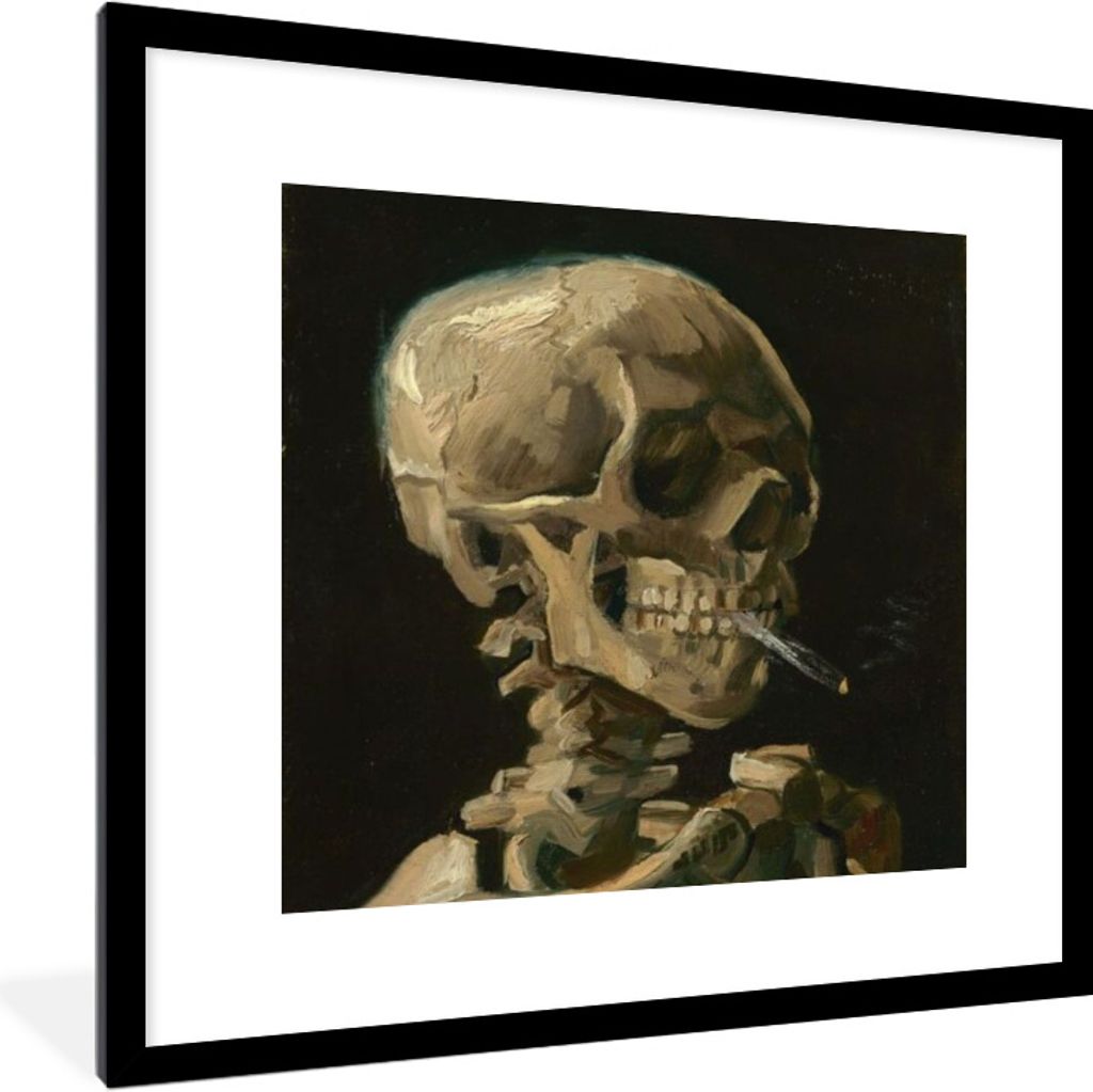 MuchoWow Gerahmtes Poster Skelettkopf mit brennender Zigarette - Vincent van Gogh 40x40 cm - Poster mit Schwarzem Bilderrahmen Wandposter Rahmen ...