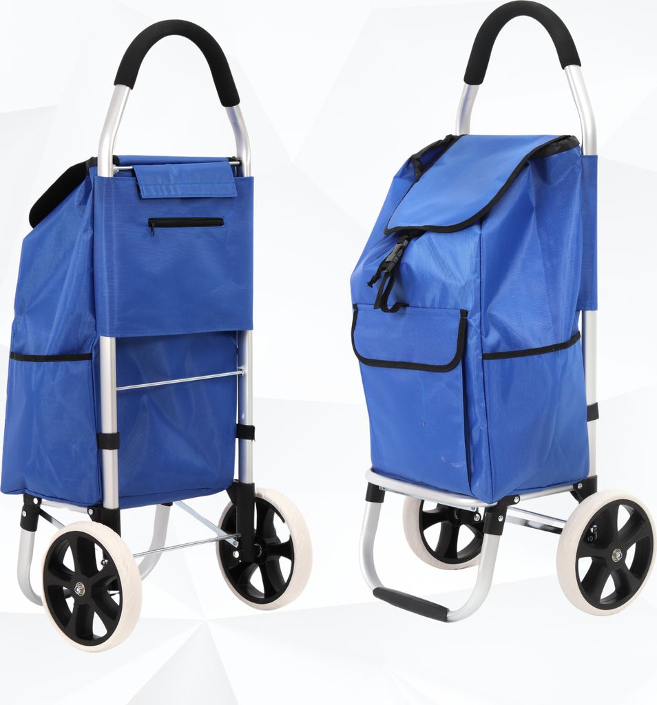 Two views of a blue shopping trolley with a silver frame and black wheels.