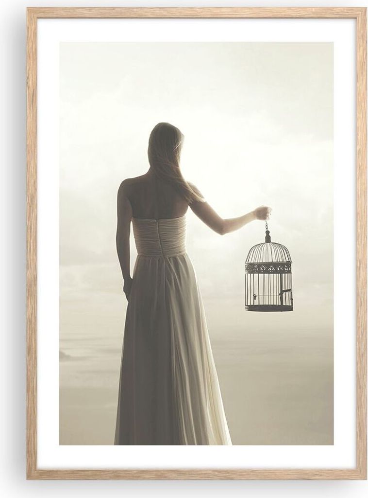 Gerahmtes Poster - Rahmen in heller Eiche - Frau Käfig Vogel - 50x70 cm - Wand Bild - Wanddeko - Wandbilder - Kunstposter - Wandposter - Bilderrah...