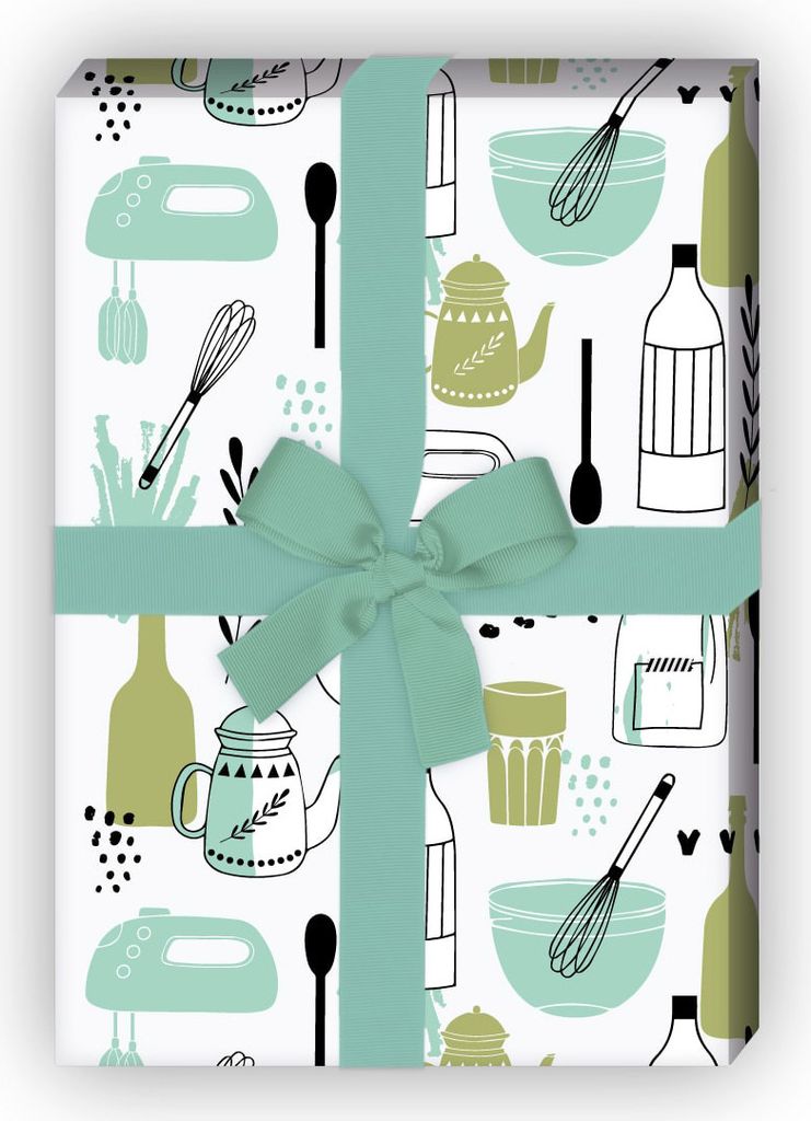 Grünes Retro Küchen Geschenkpapier mit Vintage Koch & Back Utensilien - G12329, 32 x 48cm