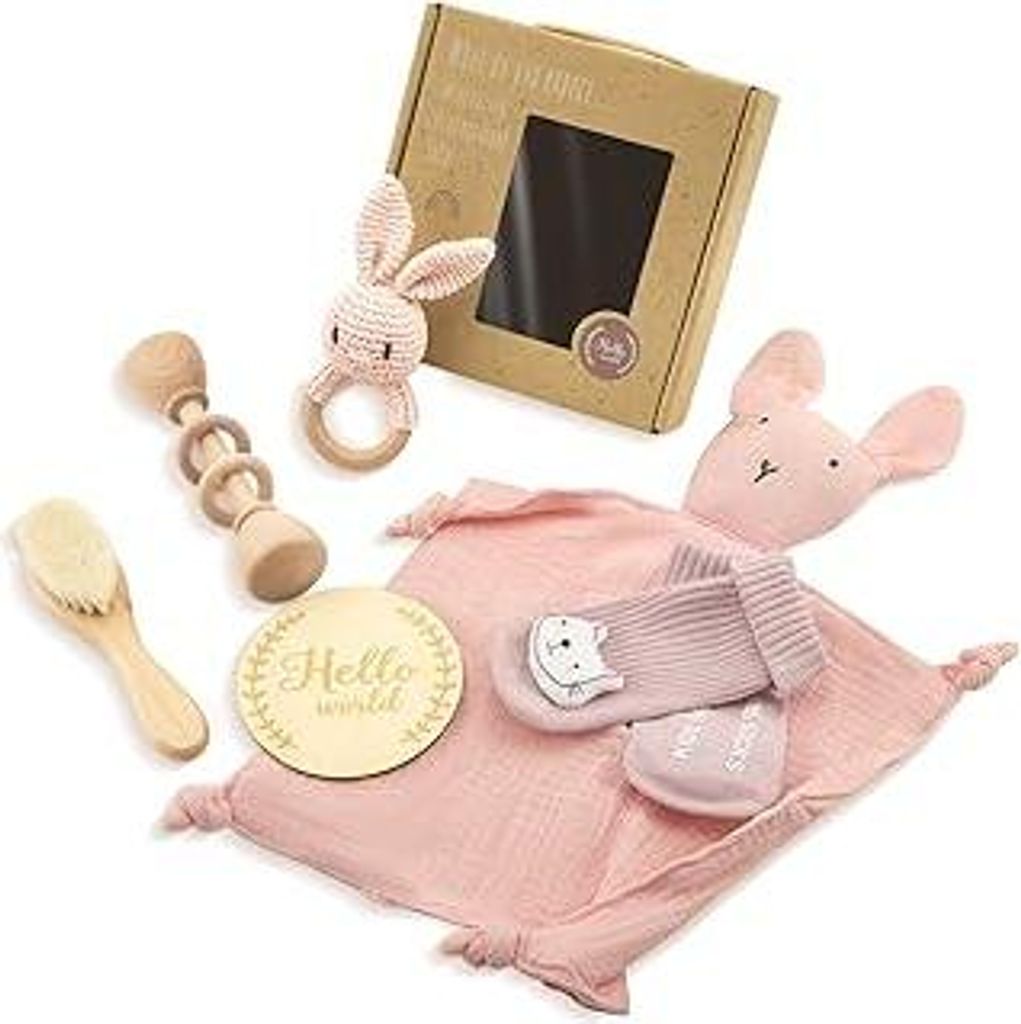Neugeborenes Geschenk, 6-teilige Babygeschenkset-Mädchen-Set, Girl Girl Boy für Neugeborene, gewebte Glocke, Socken, Pinsel, Holzmeilenstein, Ges...