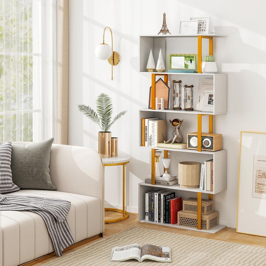 157cm Bücherregal, s-förmiges Standregal mit 5 Ebenen, Büroregal mit Metallrahmen, moderne Lagerregal bis 120kg belastbar (70x24x157cm)