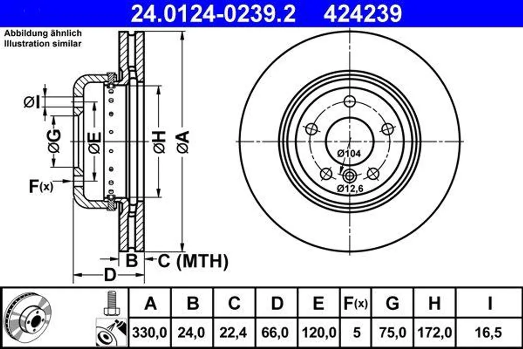 Disque de frein ATE 24.0124-0239.2 pour BMW Série 5 F10 F11 OE 34116794429