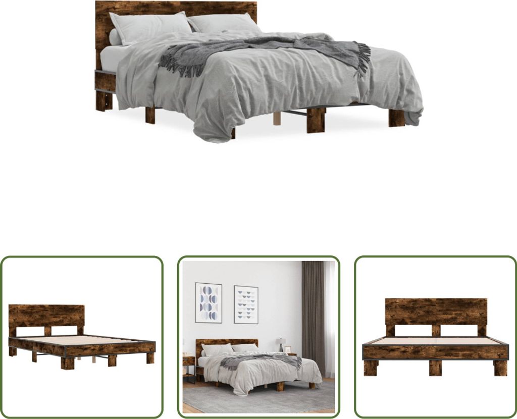 The Living Store Bettgestell Räuchereiche 120x190 cm Holzwerkstoff und Metall