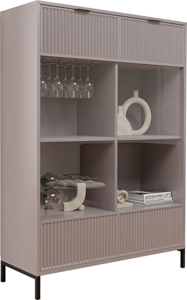 IDOHOME Glasvitrine groß Wave Standvitrine Vitrinenschrank mit 2 Türen Glastür Aufbewahrungsschrank Metallfüße geriffelte Fronten Farbe: Cashmere