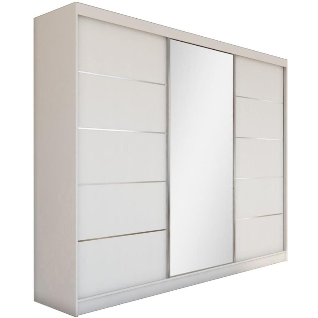 Schwebetürenschrank MARIKA 240 cm – Kleiderschrank mit 3 Schubkasteneinsätze, Spiegel & Schiebetüren (Weiß)