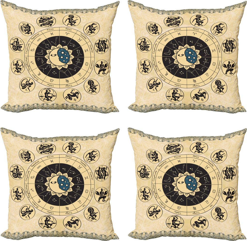 ABAKUHAUS Tierkreis Kissenbezug Set (4 Stück), Mystic Horoskop-Rad-Kunst, Moderner Doppelseitiger Digitaldruck, 60 cm x 60 cm, Beige Koksgraue
