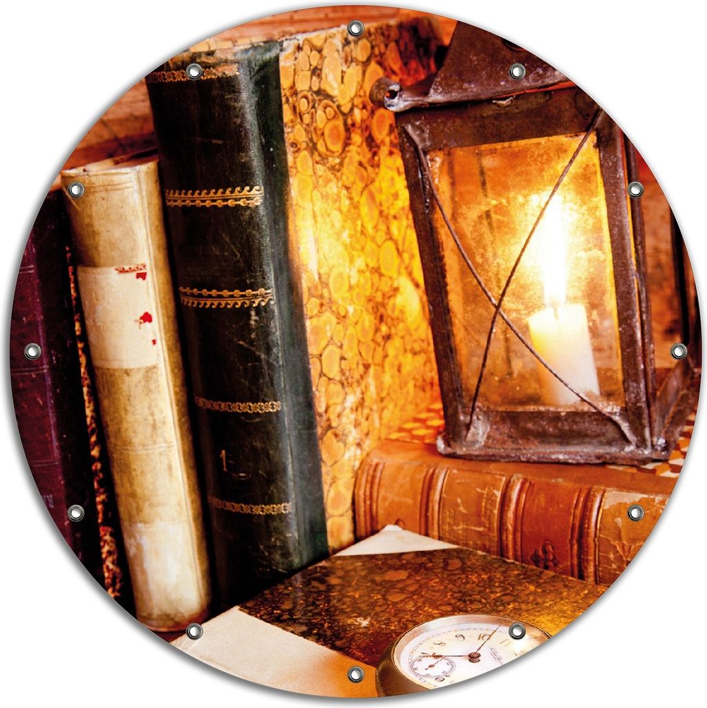 Wallario rundes Outdoor-Poster für Garten oder Balkon, Motiv Antike Laterne mit Kerze alten Büchern und Taschenuhr, 90 cm Durchmesser