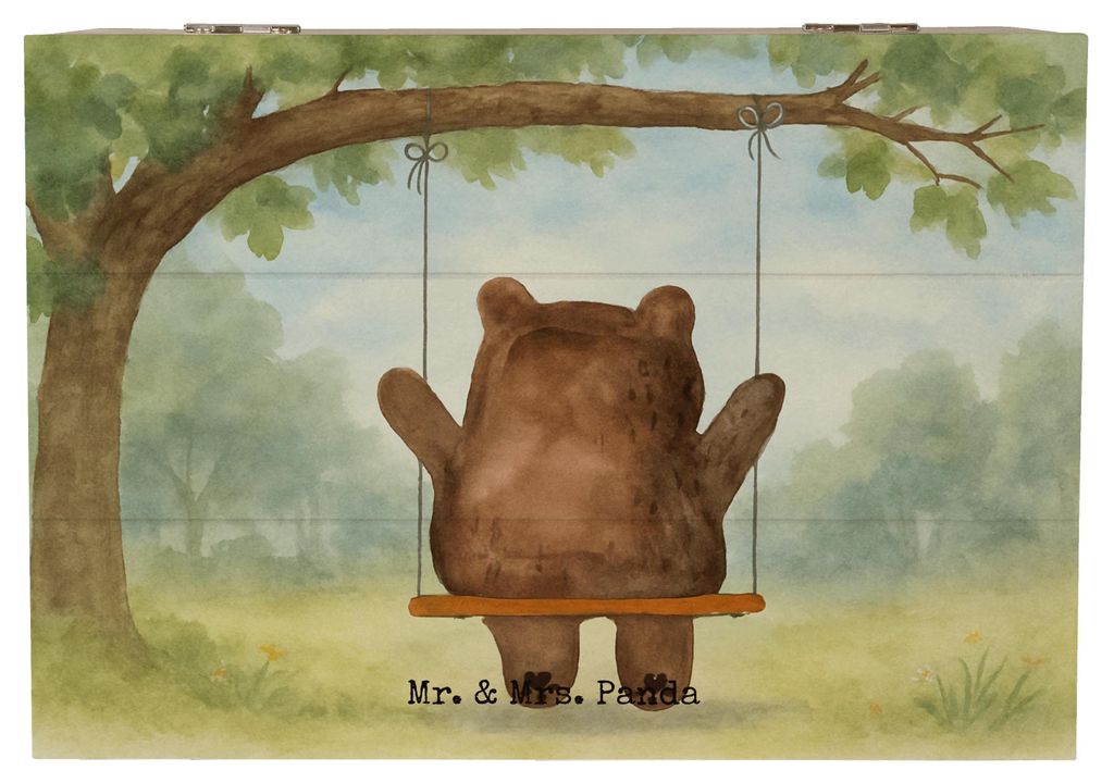 Mr. & Mrs. Panda Holzkiste Bär Schaukel Design 22 x 15 cm - Weiß - Geschenk, Holzbox, schmuckbox, Schatzkiste, Aufbewahrungsbox Holz, Teddy, Truhe