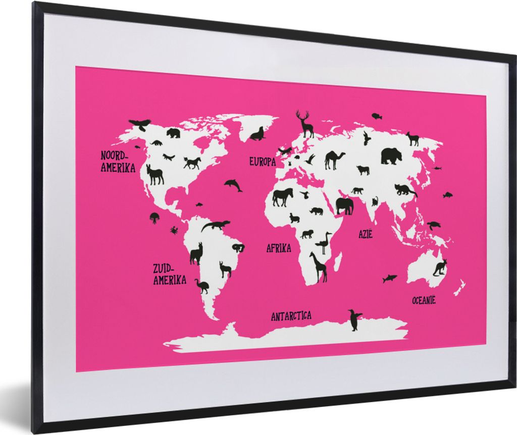 MuchoWow MuchoWow Gerahmtes Poster Weltkarte Kinder - Tiere - Rosa 60x40 cm - Poster mit zchwarzem Bilderrahmen - Schlafzimmer - Plakat in Rahm...