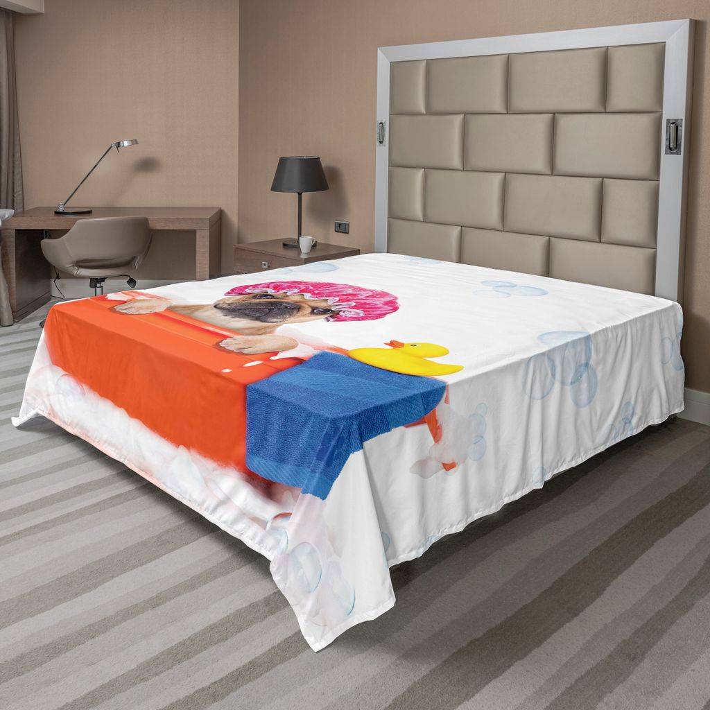 ABAKUHAUS Hundeliebhaber Bettlaken, Hund mit einem Bad in einer Wanne mit Gummiente Reinigung Thema auf Blasen Hintergrund, weiches bequemes oberes...