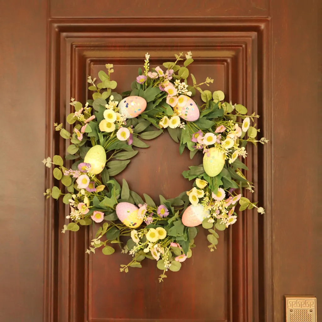 Couronne de Pâques Durable - Œufs Colorés et Plantes de Simulation - 7