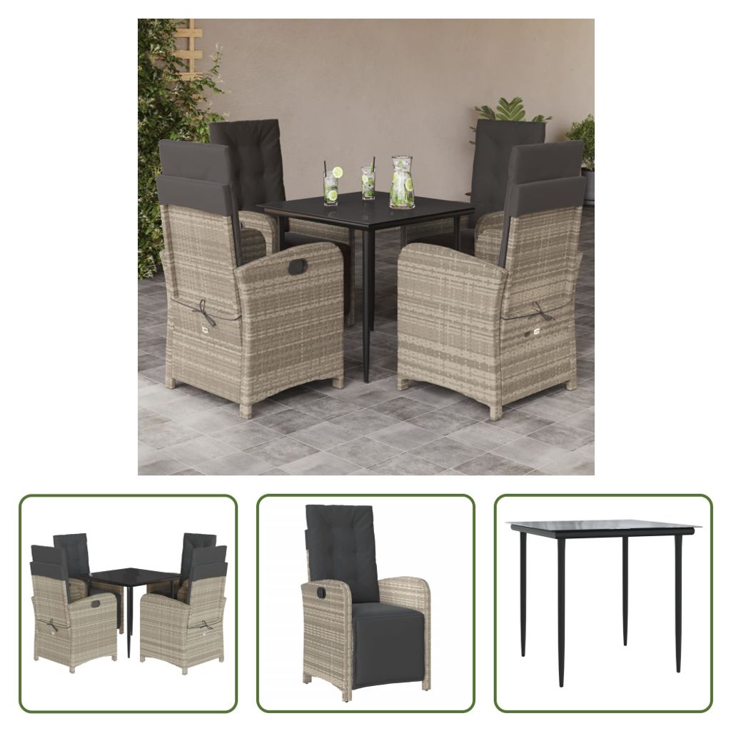 The Living Store 5-tlg. Garten-Essgruppe mit Kissen Hellgrau Poly Rattan